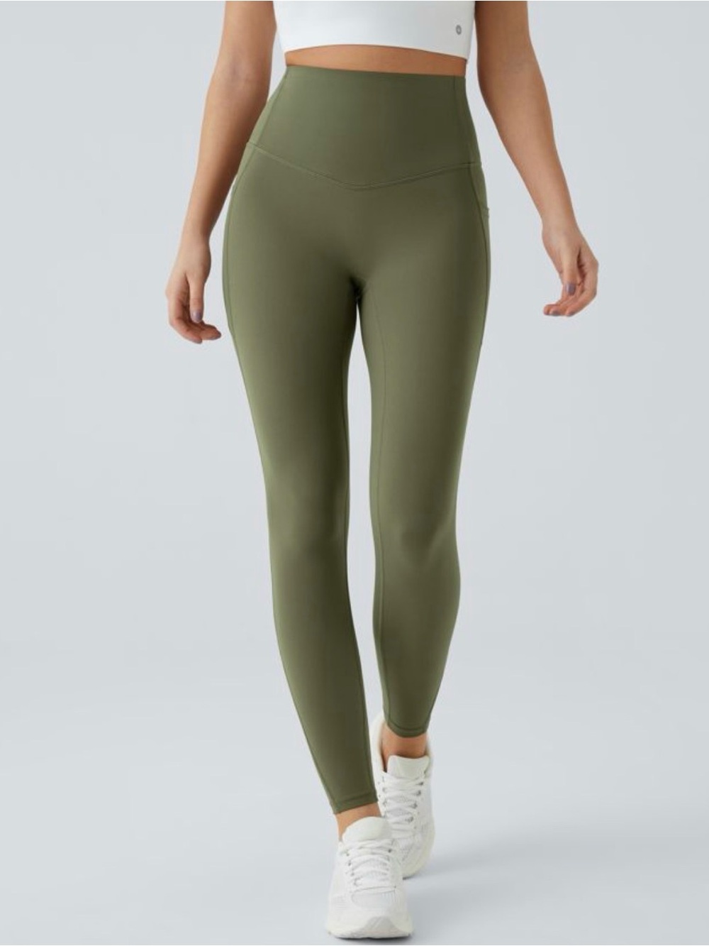HALARA High-Waist Olive Green Leggings and Matching Shirt with Built in Bra - Picture 6 of 14